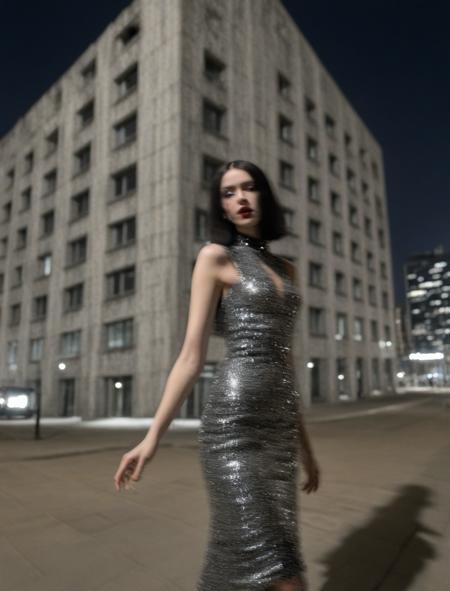 blurry photo of haute couture goth model in a silver sequin dress, in front of a brutalist building, wide angle photo, at night, (motion blur:1.3), bokeh, shallow depth of field <lora:XL_Blurry_Photo_XL:1.4>