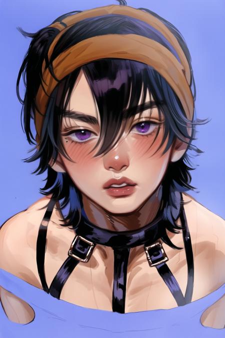 narancia,  1girl,  feminine,  looking at viewer,  dark black hair,  detailed purple eyes,  young,  camymin,  beautiful,  highres,  eyelashes,  blushing,  headband,<lora:EMS-255968-EMS:1.000000>,<lora:EMS-1218-EMS:0.400000>,<lora:EMS-170094-EMS:0.800000>