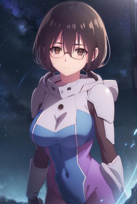 yunhua lu, black hair, (brown eyes:1.5), twintails, low twintails, hair between eyes, glasses, mole, mole under mouth, bodysuit, pilot suit, spacesuit, purple bodysuit,