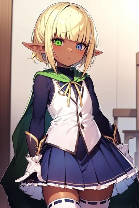 highres, sharp focus, pixiv masterpiece, ((intricate details)), highly detailed, 1boy, mare_overlord,, otoko no ko, pointy ears, heterochromia, blond hair, blue eyes, green eyes, dark skin, skirt, zettai ryouiki, crossdressing,   <lora:Mare_Overlord:0.8>