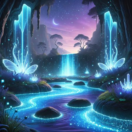 <lora:Bioluminescent_World:1>(masterpiece), (best quality), (ultra-detailed fantasy art), (cinematic landscape illustration), 8k, breathtaking bioluminescent world at dusk â a glowing valley filled with radiant flora, bioluminescent trees with crystalline trunks tower above gently swaying grass that pulses with soft teal and amethyst light, a meandering river of liquid light reflects the twin moons overhead, mist rolls along the valley floor with scattered golden fireflies drifting like stardust, surreal floating islands hang above the horizon casting soft shadows, delicate translucent butterflies shimmer with opalescent wings, the lavender sky is streaked with aurora-like light veils, quiet waterfalls sparkle as they tumble into glowing pools, everything lit with gentle ambient light and subtle God rays, hyperrealistic details, volumetric lighting, soft painterly textures blended with crisp fantasy realism, atmosphere of serenity and awe, inspired by Moebius and Studio Ghibli, trending on ArtStation