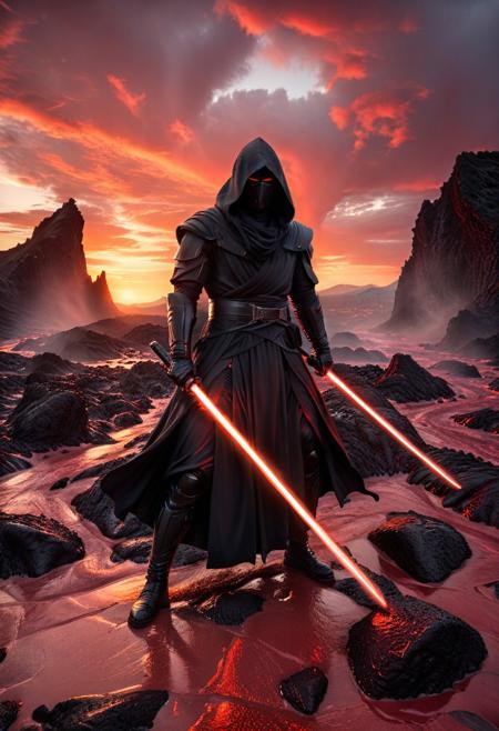 score_9, score_8_up, score_7_up, score_6_up, score_5_up, score_4_up, (absurdres, best quality, masterpiece:1.4), illustration, photorealistic, cinematic lighting, dynamic angle, perfect composition, volcanic landscape, red skies, jagged rocks, lava flows, hooded figure, double-bladed saber, powerful stance, black robes, intense atmosphere, menacing