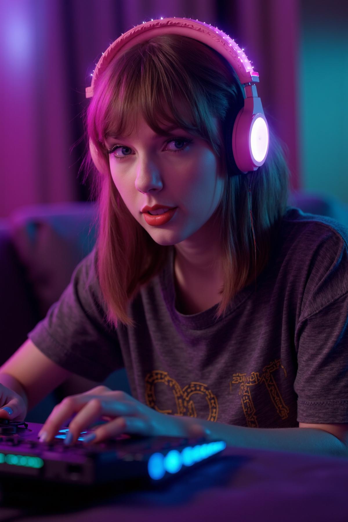 tayswift sitting on a couch playing video games, she is wearing an overszized shirt and pink gamer headphones