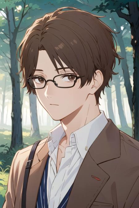 masterpiece, best quality, illustration, 1boy, solo, male focus, looking at viewer, upper body, , <lora:takayuki_mima:0.72>, takayuki_mima, brown hair, brown eyes, glasses, , The Enchanted Forest, 8k resolution