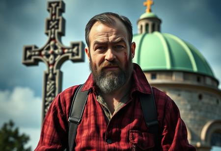 “Posaman, portrayed by Italian actor and comedian Lillo, should be reimagined in a haunting, eerie style while still highlighting his exaggerated, quirky poses. Using Panavision Prime lenses, capture his distinct features—his expressive face, short beard, and casual-yet-confident demeanor—infused with a chilling edge. In the background, a massive Celtic cross looms, casting dramatic shadows, with a pastel green dome rising softly behind it, adding an unexpected, surreal touch to the scene. The lenses should enhance hyper-realistic textures, showcasing natural yet pallid skin tones, lifelike clothing splattered with unsettling streaks of blood, and detailed facial expressions with a sinister undertone. His exaggerated, almost grotesque poses, set against the contrast of the cross and dome, should blend realism with dark humor, amplifying his unique macabre comedic style and unsettling authenticity.”