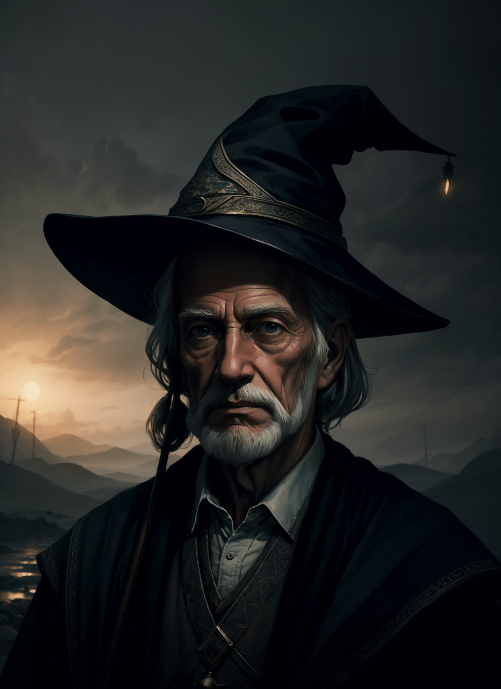 old wizard travelling, wizard hat, portrait, (painterly, cinematic, atmospheric perspective), beautiful patterns