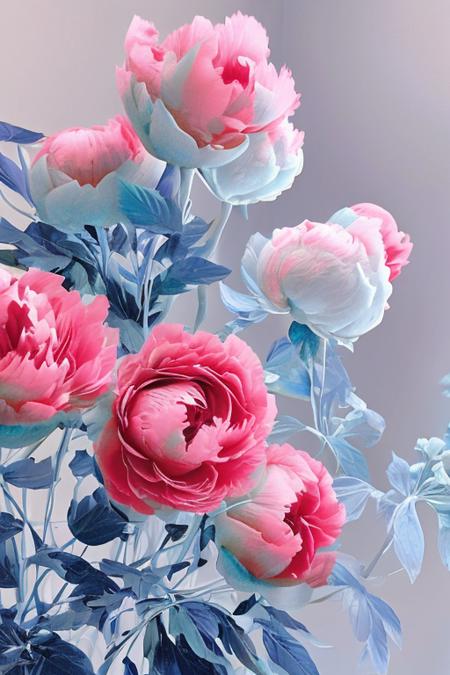 flower, peony,chinese peony, in the style of rde and light azure, dreamy and romantic compositions, light azure and amber, ethereal foliage, playful arrangements, yellow stamen,