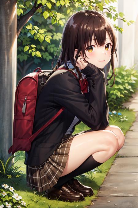 masterpiece, best quality, 1girl, solo, skirt, bag, outdoors, jacket, squatting, socks, shoes, looking at viewer, brown footwear, school uniform, plaid, loafers, blazer, brown hair, plaid skirt, black socks, long sleeves, bangs, open clothes, open jacket, bow, brown eyes, pleated skirt, bowtie, day, long hair, full body, bush, red bow, kneehighs, shirt, closed mouth, sleeves past wrists, backpack, hand on own face, red bowtie, black jacket, school bag, blush, plant, brown skirt, hand on own cheek, blurry, from side, hand up, looking to the side, collared shirt, miniskirt, white shirt, cardigan, grass, sweater, light smile