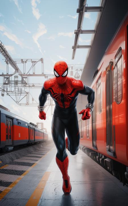 (((full body of male supspr))), (((silver bracelets))), (((sharp fingers))), a spider - man in a red and black suit, (((running on a roof of the moving train))), 8k, unreal engine, octane render, by seunghee lee, Jang Tae-Hwan, Chocofing R, seungho lee, trending on pixiv, fanbox, skeb, masterpiece, smooth soft skin, big dreamy eyes, beautiful intricate colored hair, symmetrical, anime wide eyes, soft lighting, concept art, digital painting,  <lora:supspr:0.4>