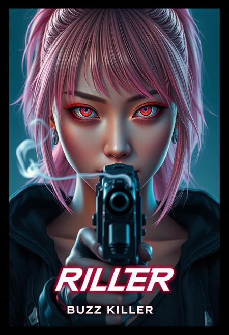 Photorealistic vertical movie poster of a Japanese cyberpunk assassin. The frame is tightly cropped — her face and gun completely fill the poster. She is Atsuko Suzuki, tall and slender, with blush pink hair in a high ponytail, brushed bangs, and loose strands framing her intense face.
Her cybernetic eyes glow faint pink, with hyper-detailed circuitry in both irises:1.8. She wears bold red Asian-style eyeshadow. Her black futuristic pistol is centered at the bottom of the frame, pointed directly at the viewer, slightly blurred.
A thin plume of smoke curls upward from the barrel, drifting across her pale, focused face. The lighting is cinematic — cool neon glow on her skin and metallic edges, deep shadow in her contours.
There is no visible background, just clean black borders framing the image like a movie poster.
Text overlays:
Top of the poster:
Atsuko Suzuki is
Centered at the bottom in bold neon-style type:
BUZZ KILLER”