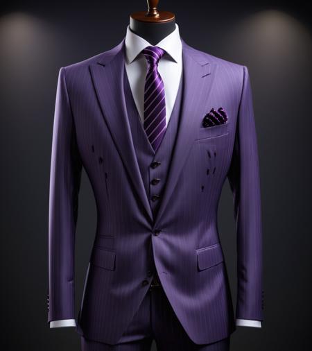 Techwear fashion (Photo:1.3) of (Ultrarealistic:1.3) <lora:Man_Men_FFashion:1> a suit on a mannequin in front of a dark background, luxurious suit, subject detail wearing a suit, pinstripe suit, wearing a pinstripe suit, suit and waistcoat, high quality suit, stylish suit, lawyer suit, wearing fashion suit, a purple suit jacket, business suit, elegant suit, 3piecesuit, tailored clothing,Highly Detailed,(Pastel Colors:1.3) . Futuristic, cyberpunk, urban, tactical, sleek, dark, highly detailed