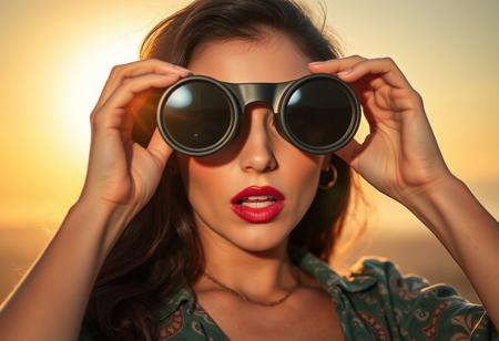 It is 7:30 am, the sun is shining brightly behind the head of a sexy pale skinned brunette woman, she has large breasts and is looking through binoculars at you, her eyes and the frames of the binoculars are comically big, her pupils are comically large, she is wearing a low cut vintage green & brown paisley blouse, the top button undone, one of her nipples is slightly visible, her mouth is agape and she is drooling, She can't believe what she's seeing you doing,