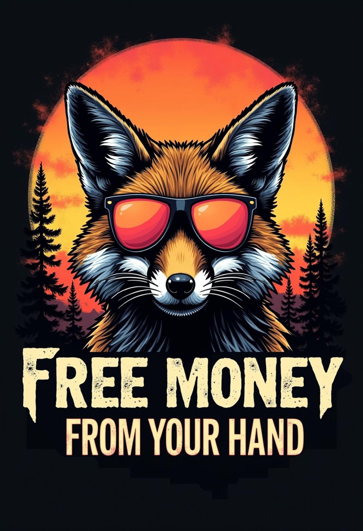 Vector t-shirt design Vintage retro sunset distressed black style design, a evil smiling fox wearing pinkgold chromium coated sunglasses on his forehead, with text \"FREE MONEY FROM YOUR HAND\", typography, graffiti, 3d render, 4k