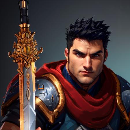 man with black hair orange blue armor sword in hand red cape