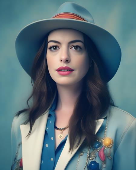 AnneHathaway,<lora:AnneHathawaySDXL:1>,Realistic photo of a beautiful woman, 1girl, solo, long hair, hat, jewelry, blue hair, jacket, multicolored hair, necklace, bracelet, lips, realistic, fashion, soft lighting, professional Photography, Photorealistic, detailed, RAW, analog, sharp focus, 8k, HD, DSLR, high quality, Fujifilm XT3, film grain, award winning, masterpiece