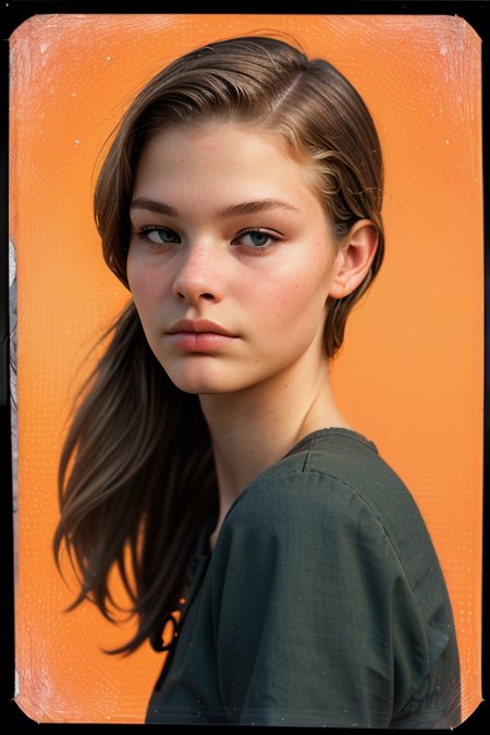 KateKraaijeveld, ((22 years old)), Century Camera Co. Studio, 160mm f/8, 1/10s, ISO 25, ((tintype, portrait, full color, bold color, orange, red, gradient)), blouse, ((geometric halftone background))