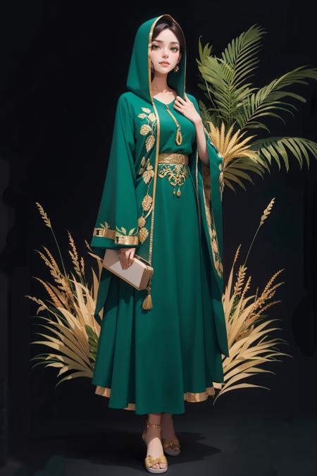 BurqaDr3ss, long sleeves dress, hood, wide sleeves, hood up, green dress,