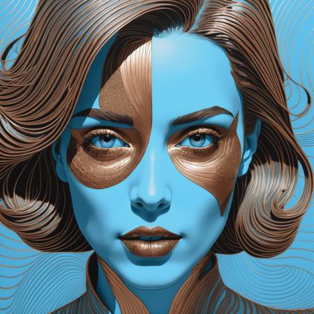 doodle art 3D, in the style of pop art-inspired portraits, interference patterns, light sky-blue and bronze, realistic hyper-detail, engraved line-work, graphic novel, face of a woman