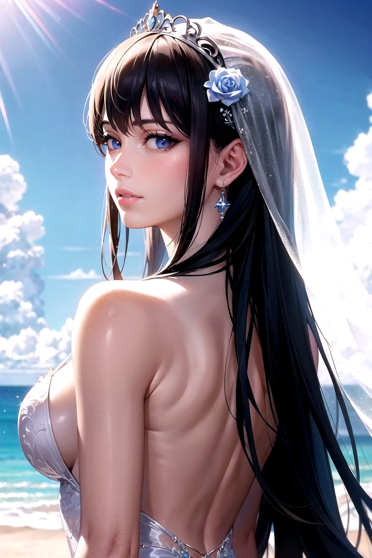 Anime character with long hair wearing a white veil.
