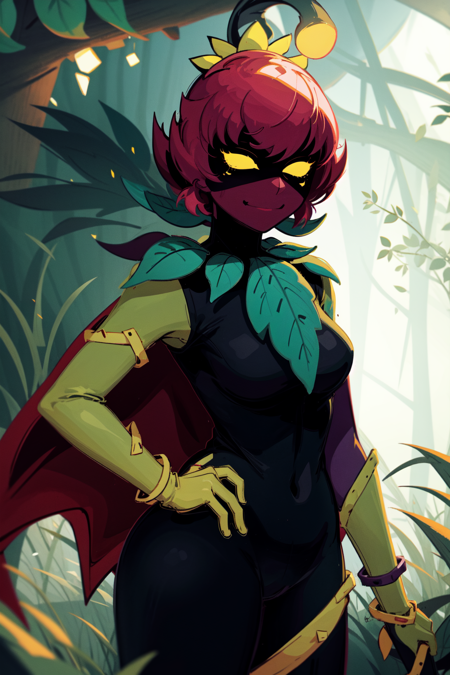 lilyBS, solo, 1girl, plant girl, colored skin, shaded face, yellow eyes, no pupils, no mouth, cape, black bodysuit, green gloves, asymmetrical gloves, asymmetrical footwear