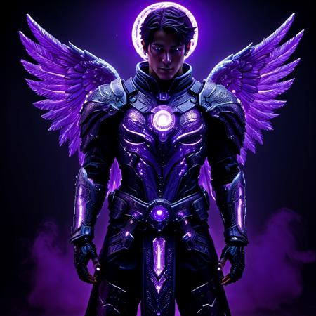 (Anime cyberpunk style) depiction of Michael The Archangel, (highly detailed) features with intricate armor and glowing accents, amidst a (dark background) creating a striking contrast. The ambiance is intense and dramatic, infused with neon colors of purple and blue highlighting his powerful presence, evoking wonder and awe. (HD), ultra-detailed, captivating composition.