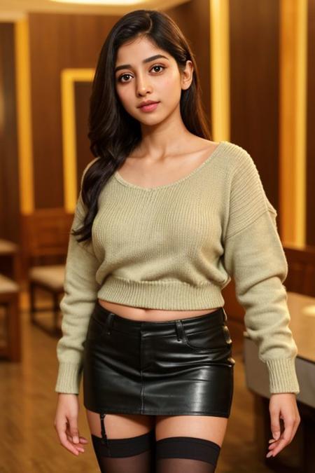 indian woman at the club, 23yo, very lewd full body shot, intriguing outfit, distressed oversized sweater, indian, nice boobs, flashing, slutty as hell, leather miniskirt, black pantyhose, fine-face, realistic shaded, perfect body, fine details, night setting, appealing, attractive, professional, perfect realistic skintexture, (epiCPhoto), (color picture:1.1), <lora:add_detail:0.6>, (Cinematic shot:1.3),