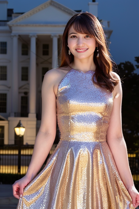 1girl,(wearing a glittery dress) in front of White House,(RAW photo, best quality), (realistic, photo-realistic:1.4), masterpiece, an extremely delicate and beautiful, extremely detailed, 2k wallpaper, Amazing, finely detail, extremely detailed CG unity 8k wallpaper, ultra-detailed, highres, soft light, beautiful detailed girl, extremely detailed eyes and face, beautiful detailed nose, beautiful detailed eyes,cinematic lighting,city light at night,perfect anatomy,slender body,