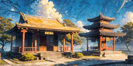 DMD,scene,no humans,scenery,east asian architecture,outdoors,architecture,tree,sky,day,cloud,watermark,shrine,yellow tone,