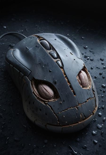 8K, high resolution, high detail, 
smooth, hyper realistic, fine skin texture, Closeup, 3d depth of field Simulation, a closeup of an old android mouse, large ears, fragile and broken, outworn smile, storm, depth of lenticular, dramatic, bold lines async, deep blacks, illuminated from behind, holy Aura, Long dense grown river