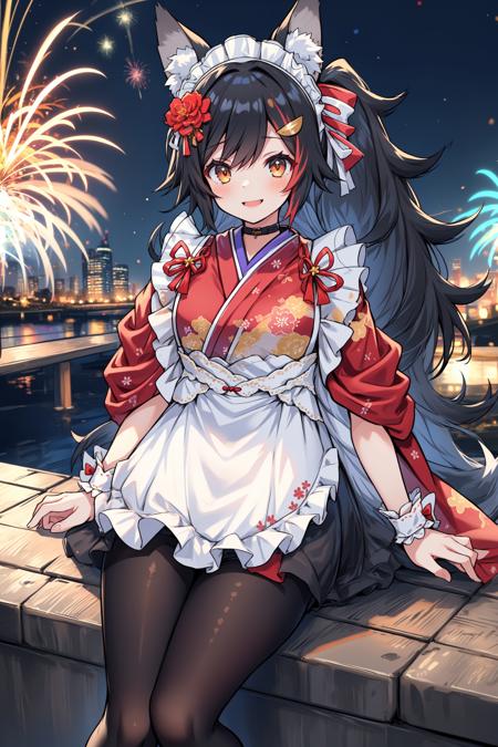 best quality,1girl, mionewyears, ponytail, hair ornament, red kimono, flower print, white apron, frills, wrist cuffs, maid headdress, black pantyhose, wolf tail,   sitting on backyard, fireworks, smiling, tilted head, night,  <lora:ookami mio 6 outfits:1>