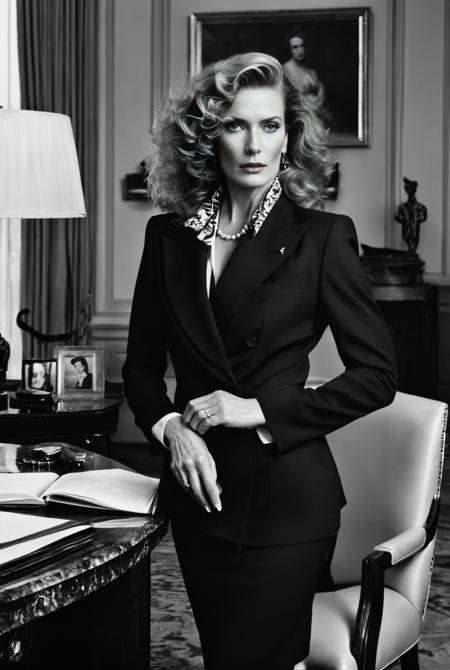 Stile art: Helmut Newton, In a tastefully furnished executive office, three different stunning ginger mature women, dangerous-erotic, (discuss with each other:1.5), curly hair, each exuding an aura of confidence and authority, Their ages, around 50 years old, only enhance their allure as they embody the epitome of power and sophistication. Dressed in sleek, form-fitting business attire with subtle hints of sensuality exposing-see-through-fabric, they command attention effortlessly.
The room is bathed in soft, diffused light, casting gentle shadows that accentuate the curves of their figures and the delicate features of their faces. The wind, symbolic of their commanding presence, gently tousles their hair, adding a dynamic element to the scene.
Despite their formidable presence, there's an undeniable allure in their demeanor, hinting at a complexity that goes beyond mere authority. Their expressions convey a subtle mix of confidence, determination, and a hint of mischief, hinting at the depth of their characters.
In the background, the opulent surroundings of the executive office serve as a testament to their success and status. However, it's the unwavering gaze of the women that truly commands attention, as they expect nothing less than absolute obedience from those in their presence.
The scene is a celebration of feminine power and the undeniable influence these women wield in a traditionally male-dominated world. It's a reminder that strength comes in many forms, and in this case, it's as elegant as it is formidable.  (NSFW)