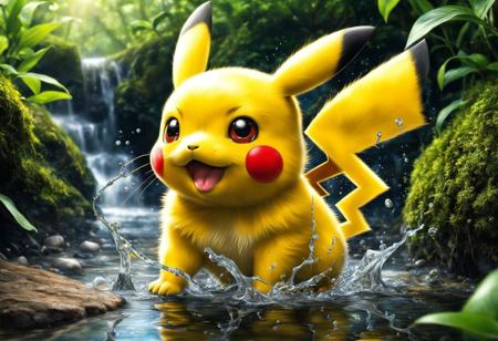 (masterpiece),
pikachu in the nature,
water from his mouth,
dim light, cute, Mew, 
ultra realistic, HDR, intricate details,