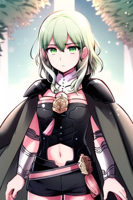 masterpiece, best quality, vibrant colors, fembyleth,(light green hair:1.3), green eyes, detached collar, black cape, black crop top, breastplate, tassel, belt, short shorts, gauntlets, upper body, <lyco:Copy of himaruyahidekaz-10:.5>