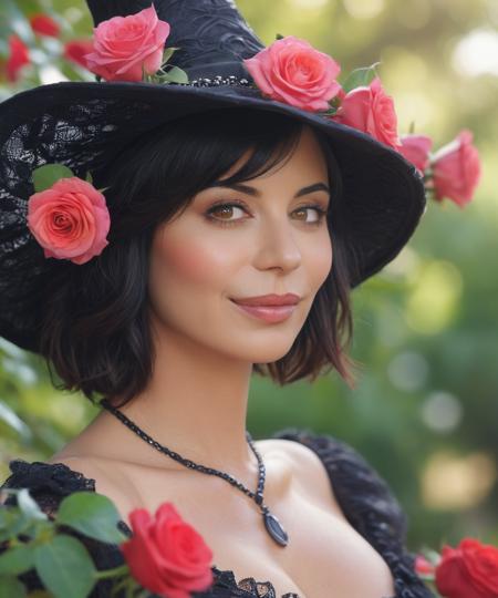 closeup head and shoulders portrait,catherine bell woman is smelling pretty roses in a beautiful rose garden,wearing a witch costume,kind_smile,detailed skin,perfect skin,perfect eyes,photorealistic,film grain,color graded cinematic,necklace,atmospheric lighting,macro shot,skin pores,imperfections,natural,shallow dof,<lora:catherine bell v3a:1>,