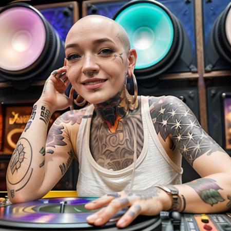 from below, m0rg1n, woman:0.2, small hoop earrings, (shaved head, bald), DJing in dark dance club, leaning high over numark mixing board and turntables, long plain white loose short sleeve t-shirt, jeans, smile:0.2, nose ring,  right hand on record,  left hand pointing, looking at crowd,  <lora:m0rg1n_v2-000006:1>