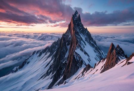 A cinematic wide shot photography of the view On a jagged peak surrounded by a sea of swirling clouds where sharp stone spires pierce the sky. At winter dawn, rosy light glints on frost-coated flakes, each breath hisses in frozen air, and the summit lies silent under fresh snow, masterpiece, best quality, amazing quality, very aesthetic, high resolution, ultra-detailed, absurdres, scenery, film grain, HDR, 8K, high contrast, realistic, cosplay, muted lithing, sharp focus, (chromatic aberration), fine details