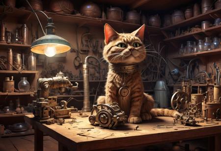 The cat inventor feline figure in his workshop in an ancient alien building, ambient light, lab equipment, detailed illustration, AtompunkSDXL