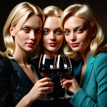 Portrait of two blonde women side by side with a glass of red wine, leaning on each other like good friends. Both looking at the viewer.