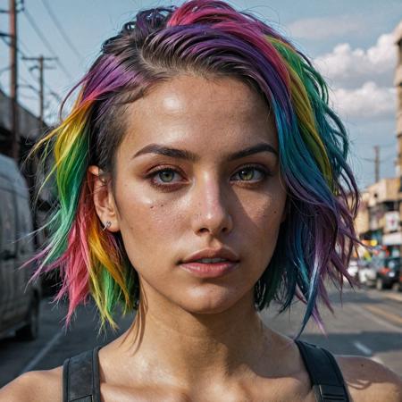 epic realistic, DV_Karah_Vicious, cyberpunk lanscape, ultra realistic, cinematic lighting, ultra detailed, detailed gorgeous face, beautiful girl, olive skin, medium length rainbow hair, simetric face, good anatomy, deusamelada, (Masterpiece:1. 3), (best quality:1. 3), <lora:add_detail:0. 4> <lora:epi_noiseoffset2:0. 4> <lora:hairdetailer:0. 6> <lora:more_details:0. 3> <lora:add-detail-xl:1. 2> <lora:DetailedEyes_V3:1. 2> <lora:sd_xl_offset_example-lora_1. 0:1. 2>, (natural skin texture, hyperrealism, soft light, muted colors), background, rutkowski, rim light