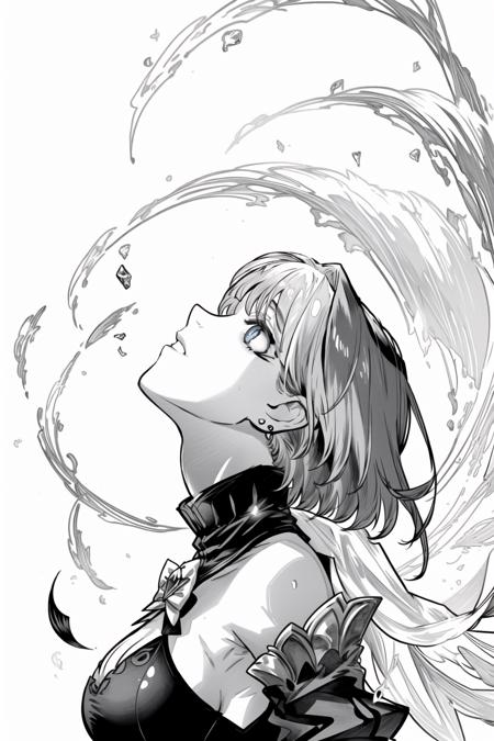 masterpiece, best quality, white background, black and white, monochrome, kaneki_meme, hair over eyes, eyes under bangs, 1girl, short hair, dark hair, earrings, bare shoulders, bow, earrings, detached sleeves, large breasts,  from side, looking up,  <lora:KanekiKenMeme:0.8>,  <lora:OuroKroniiLORA:1>,  <lora:animeoutlineV4_16:1>,  <lora:add_detail:0.7>