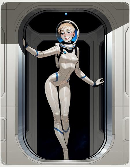 IllustriousQual, detailed face,
very tall woman, solo, very short blonde hair, pixie cut, blue eyes, pale skin, small breasts, very long legs,
flirty smiling, wearing a spacesuit and helmet, on a space station, posing in an airlock, view of blue planet out of window,
<lora:incaseIllustrious:0.8> incase style,
