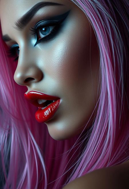 masterpiece, high detail, masterpiece, closeup portrait of stunning mulatto lationo  vampire woman, long pink hair with white streak, dark eyeshadow, red lips, mouth slightly open showing fangs, chiascuro, sexy, seductive, erotic, direct gaze, dark background. highest definition, HD32K, wallpaper, hyperdetailed, concept art, extreme closeup, side profile