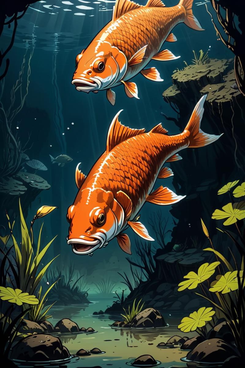 A pair of orange and white fish swimming underwater in a dark environment.