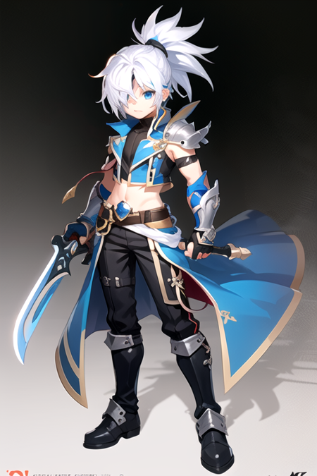 <lora:LassIsolet-03:0.7> ,lassgc, solo, blue eyes, gloves, 1boy, full body, ponytail, weapon, white hair, male focus, boots, pants, fingerless gloves, armor, hair over one eye, knife, spiked hair,