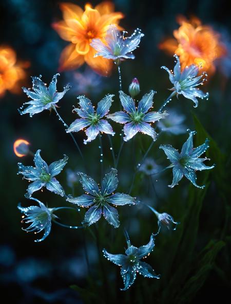 epiCPhoto,
Starfire Wisp Blooms are enchanting flowers that appear as if they are crafted from pure starlight. Each bloom consists of delicate, transparent petals that flicker like flames in the wind. These petals are infused with tiny, bioluminescent particles that glow in varying hues, creating a mesmerizing, ever-changing display of light. At the center of each flower is a small, luminescent core that emits a steady, warm glow. The stems are slender and transparent, filled with shimmering, silver fluid that adds to the plant's magical appearance. At twilight, the Wisp Blooms seem to ignite, bathing the garden in a gentle, star-like radiance.