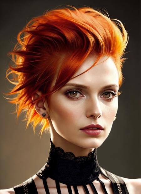 portrait of sks woman by Flora Borsi, style by Flora Borsi, bold, bright colours, orange Mohawk haircut, ((Flora Borsi)), <lora:locon_vinessashaw_v1_from_v1_64_32:1>