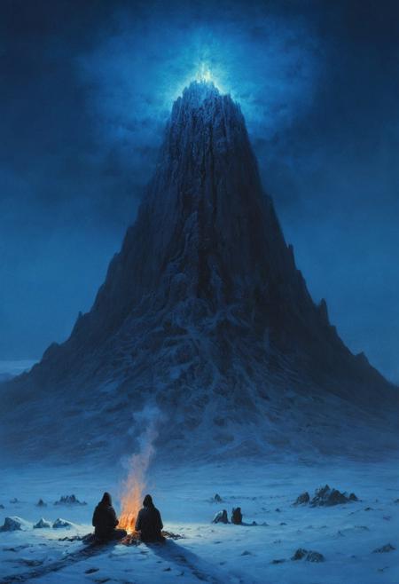 digital artwork by Beksinski, dormant volcano, blue theme, scenery, dramatic, night, snow, north pole, monumental, sinister, evil, campfire