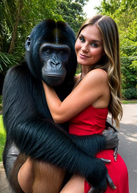 Best Quality, High resolution, 8k Very aesthetic, 1 Girl Wearing a dress, hugging a big monkey, Animal Gorila, monkey, Face Details:1.7, Digital Art, HD, Extremely Detailed, Best Quality, Funny,  <lora:LeXxX:0.75>