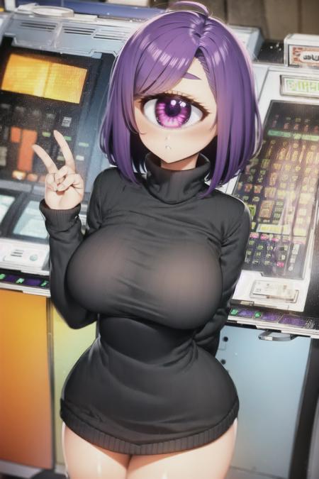 (arcade), (arcade cabinet), 1girl, solo, large breasts, wide hips, bob cut, ribbed sweater, cyclops, one eye, purple hair, <lora:Arcade V8:0.6>, <lora:cyclopsGirlLora_cyclopse8:0.6>