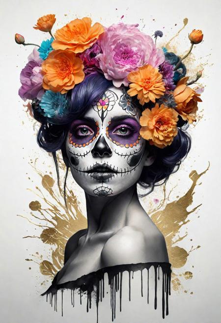 full body portrait beautiful woman with flowery hair Da de los Muertos by Alberto Seveso, Wlop, MW Kaluta, Agnes Cecile, Heinrich Lefler black and white and pyrite artwork, maximalist, amazing black and white sketch artwork, deep inky colours, flowing shadows, biolumiscent contours, intricately detailed graphic concept design, intense hatching style, sumi ink, soft neon outline, polished, sharp and fine, high opacity, intense lighting, highly contrasted, elegant, iridescent Art Nouveau gold features, complex masterwork by head of prompt engineering <lora:add-detail-xl:2>